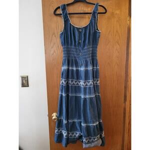 LAPIS Maxi Dress Women L Blue Faux Denim Chambray Smocked Cottage Core Prairie